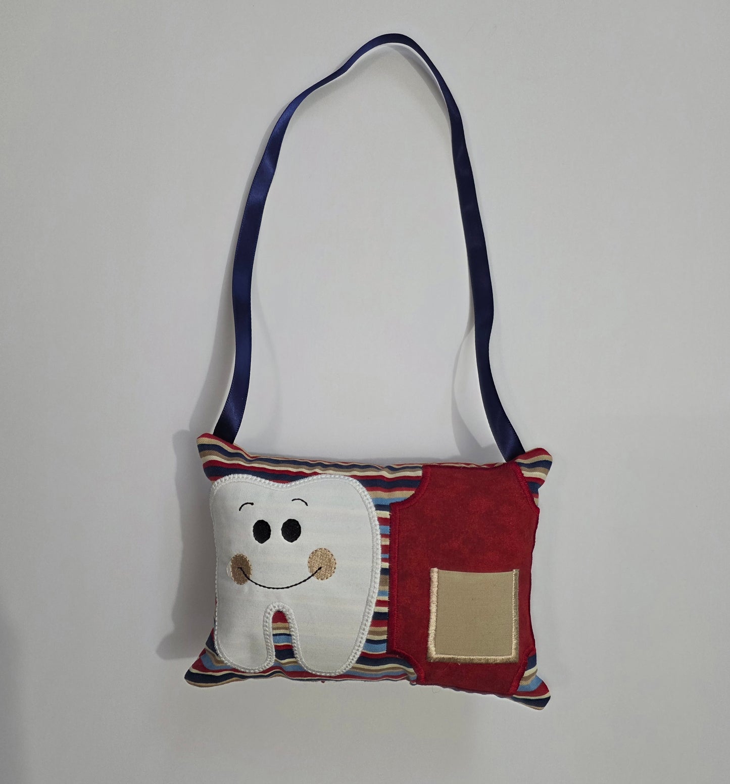 Handcrafted "Happy Tooth" Fairy Pillow – Striped Keepsake with Pocket & Hanging Ribbon