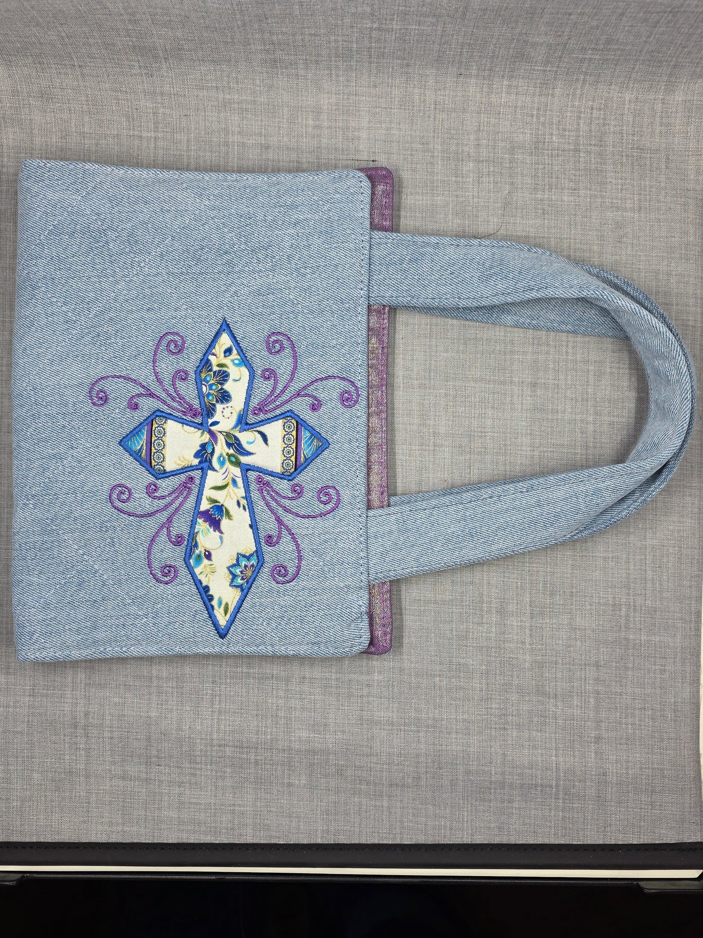 Handcrafted Quilted Denim Bible Cover with Embroidery & Carrying HandlesThe Floral Grace (Light Wash)