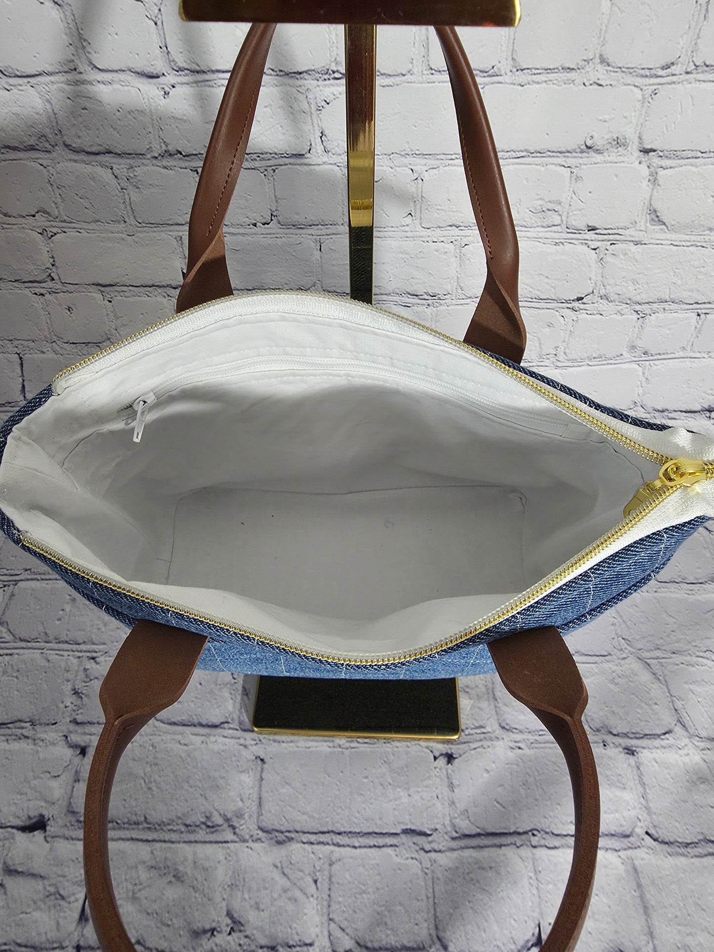 Classic Denim Grid Zip-Top Tote Bag