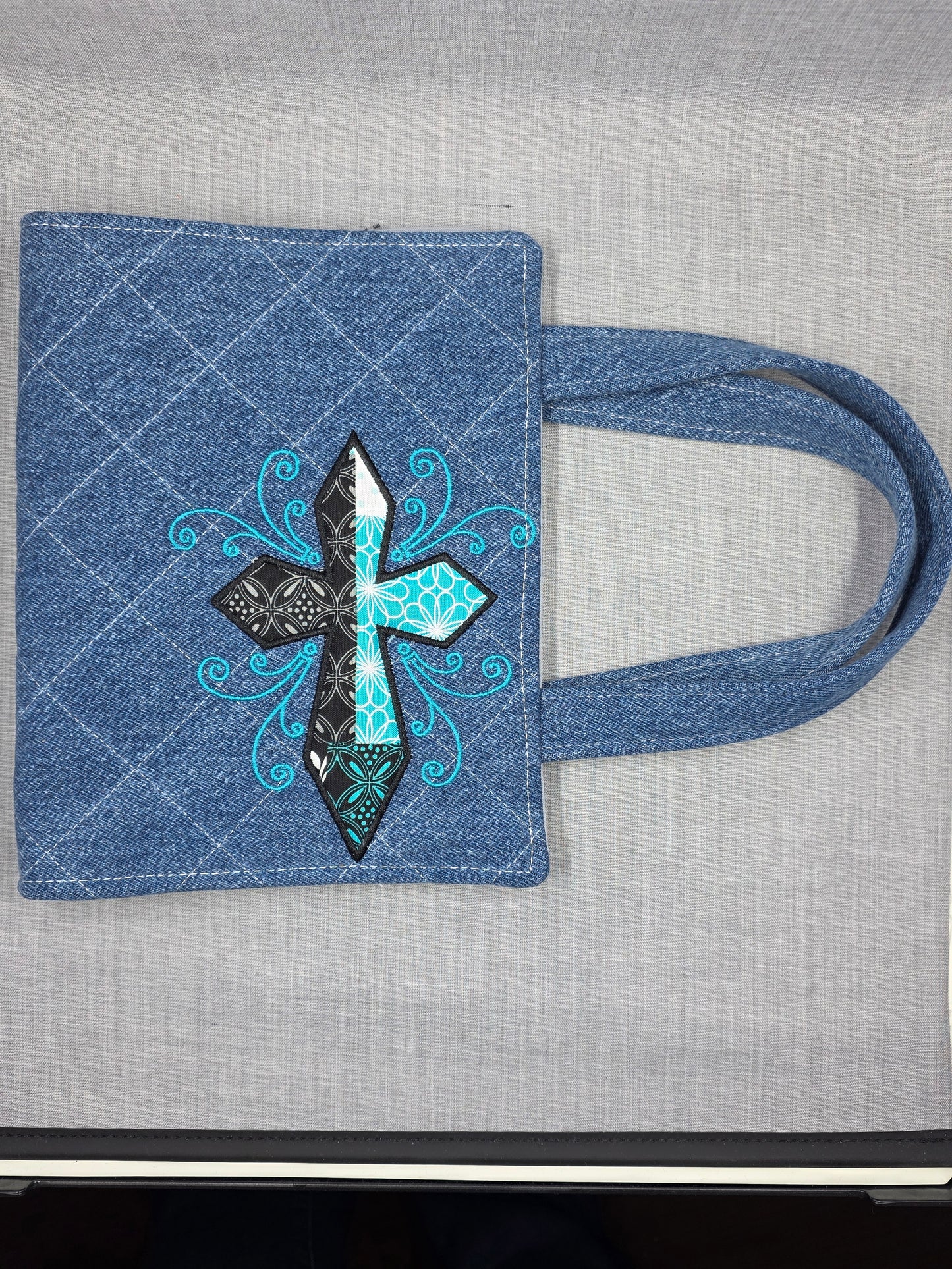 Handcrafted Quilted Denim Bible Cover with Embroidery & Carrying Handles -The Midnight Mandala (Dark Wash)