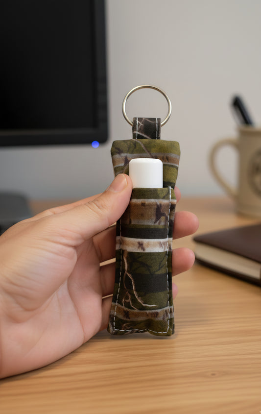 Camo Fabric Lip Balm Keychain Holder