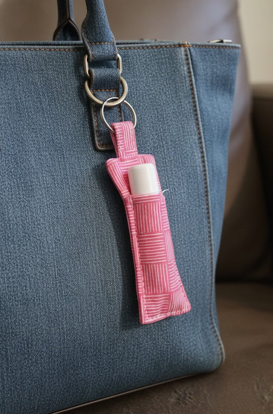Handmade Pink Woven Fabric Lip Balm Holder Keychain