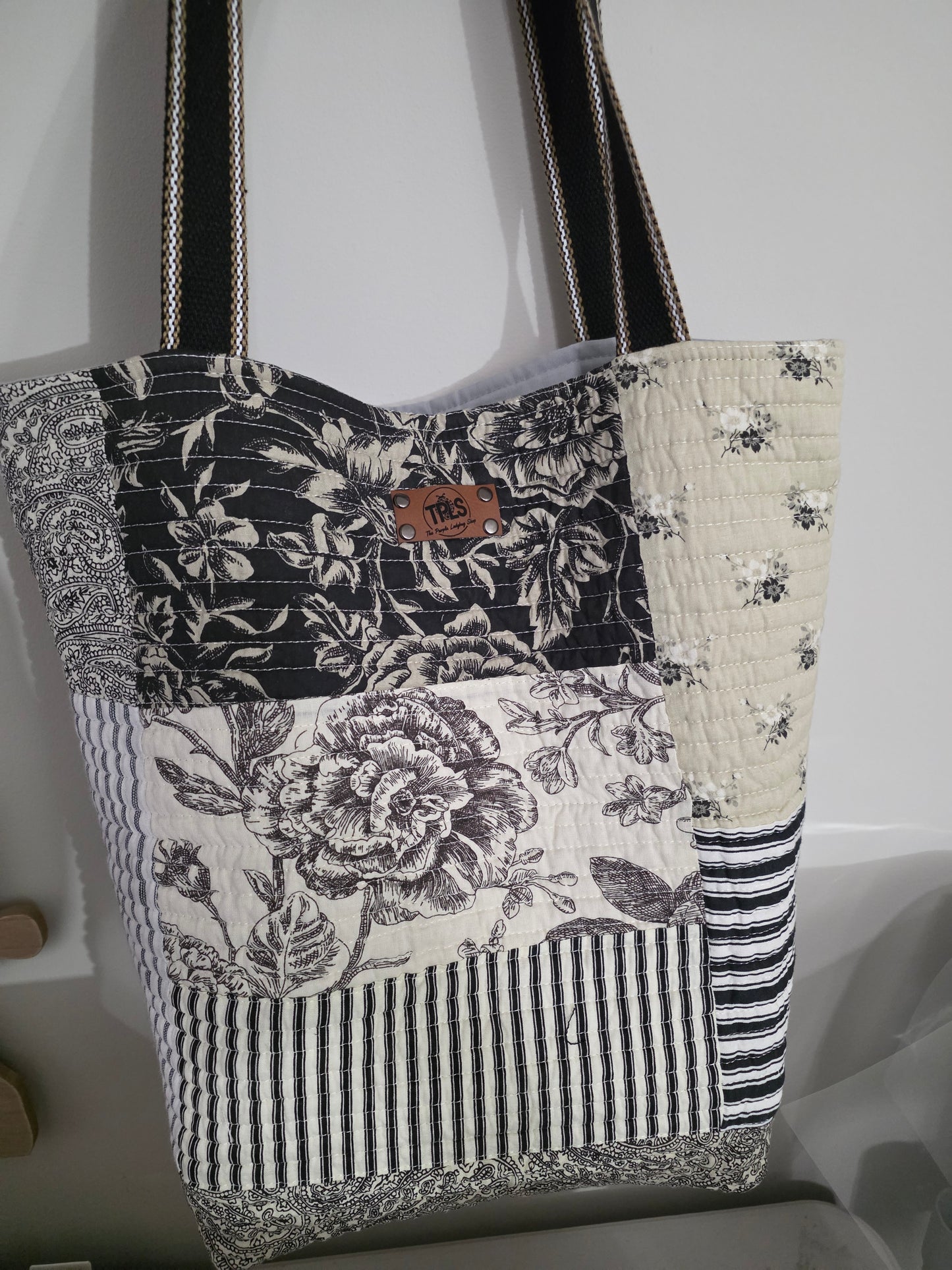 The Heritage Patchwork Quilted Tote – Monochrome Floral & Stripe