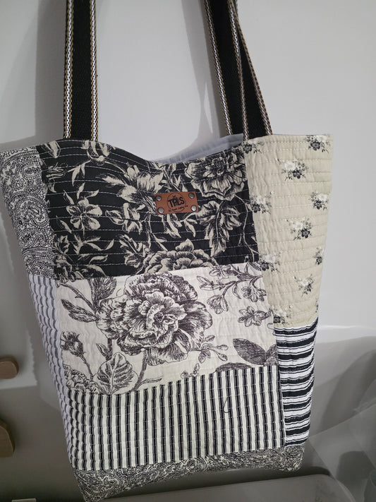 The Heritage Patchwork Quilted Tote – Monochrome Floral & Stripe