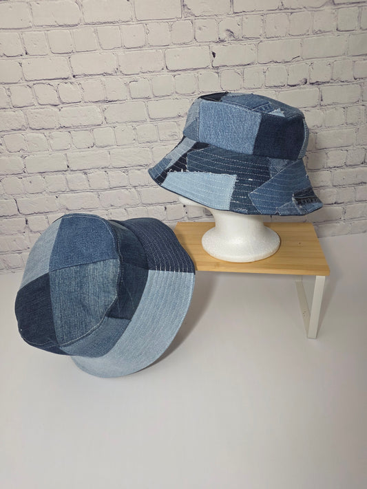 Patchwork denim bucket hats handmade from repurposed jeans
