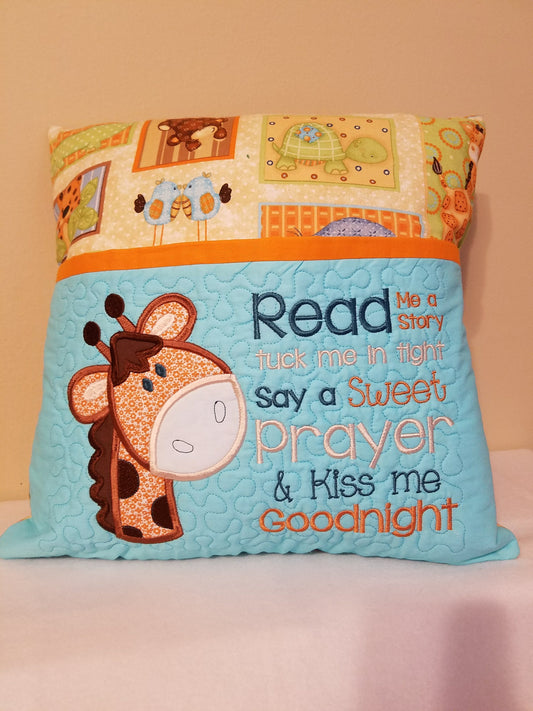 Giraffe kids storytime reading pillow with book pocket