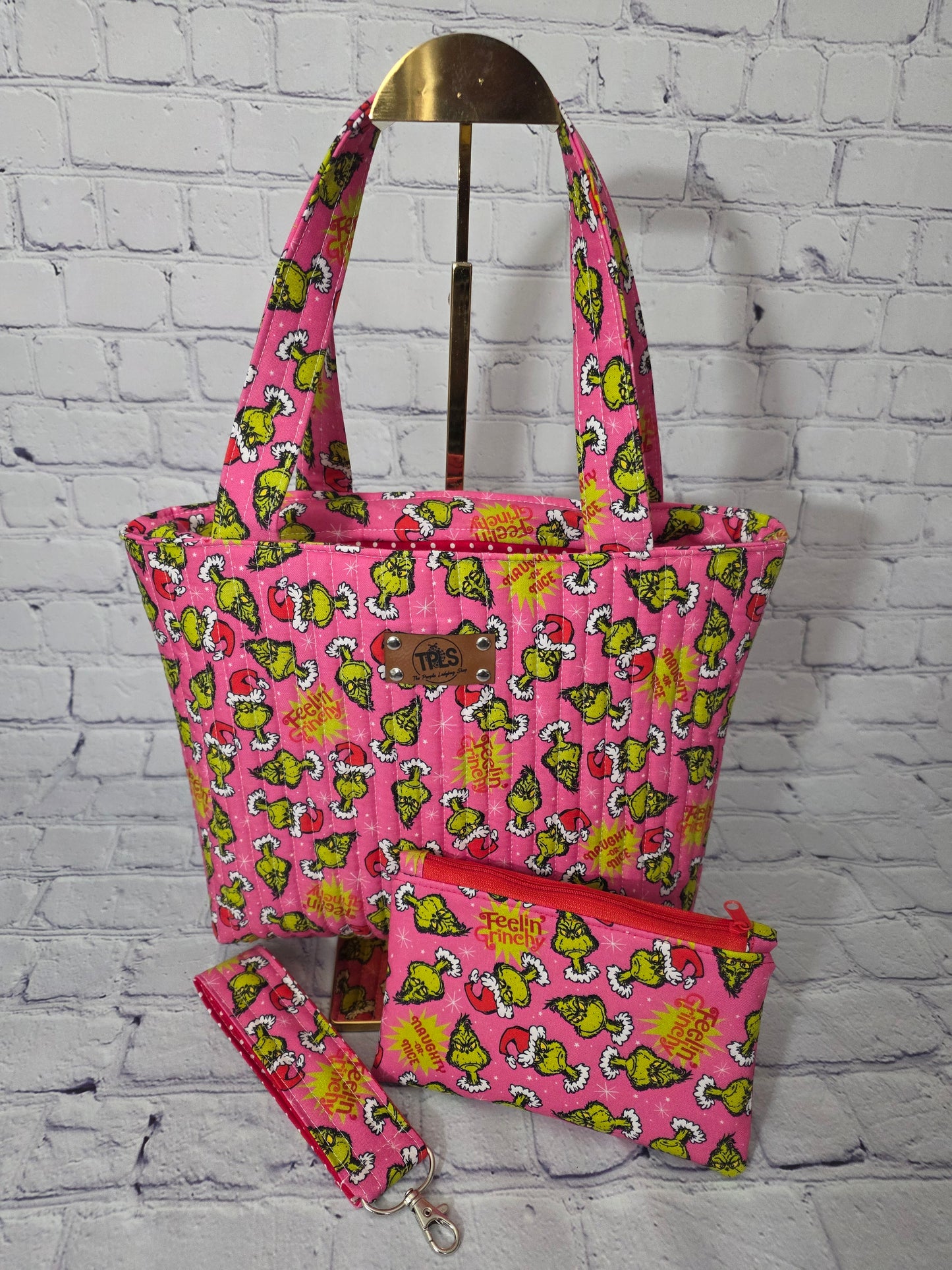 Feelin' Grinchy" Pink Quilted Tote Bag Set