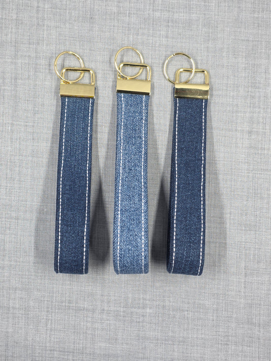 Reworked denim wristlet keychain handmade from repurposed denim