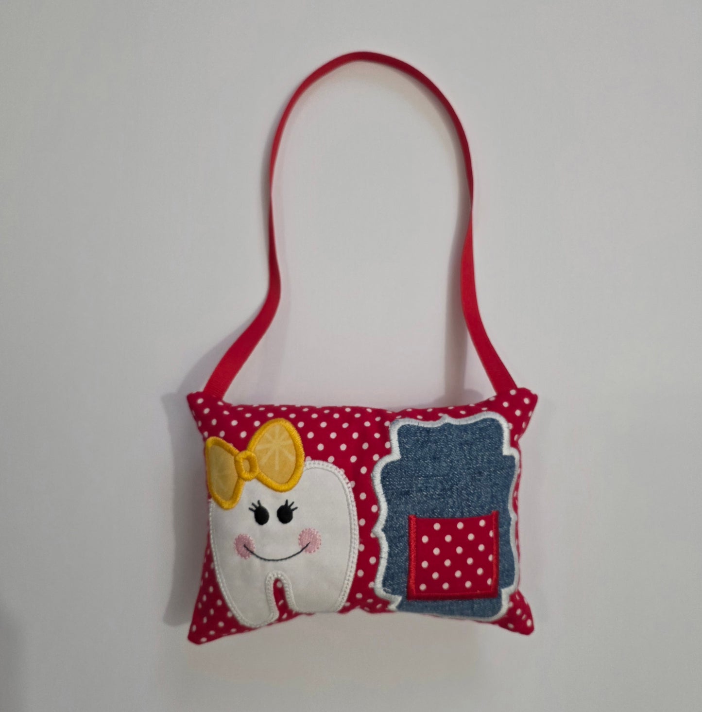 Handcrafted Red Polka Dot Tooth Fairy Pillow – "Smiling Molar" Edition
