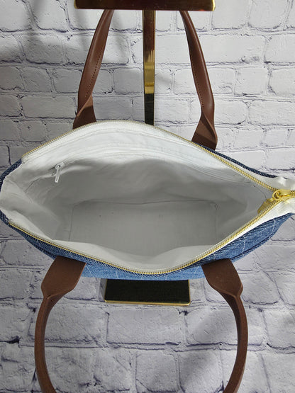 Classic Denim Grid Zip-Top Tote Bag