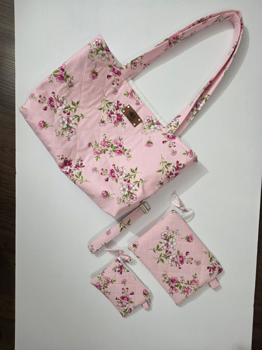 The Blush Bloom Tote Set in pink floral quilted fabric