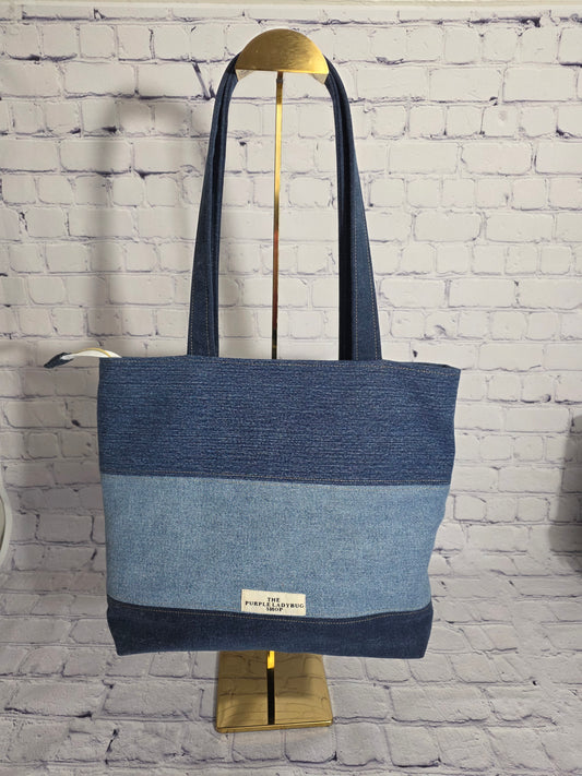 Zippered Dark Denim Patchwork Tote