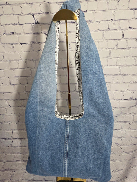 Upcycled Denim Hobo Bag with Polka Dot Lining