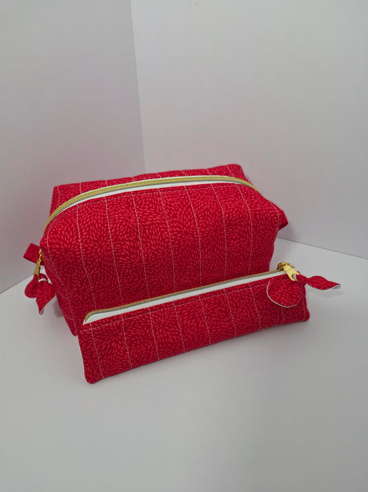 Quilted Cotton Travel Pouch Set – Red Sunburst (Set of 2)
