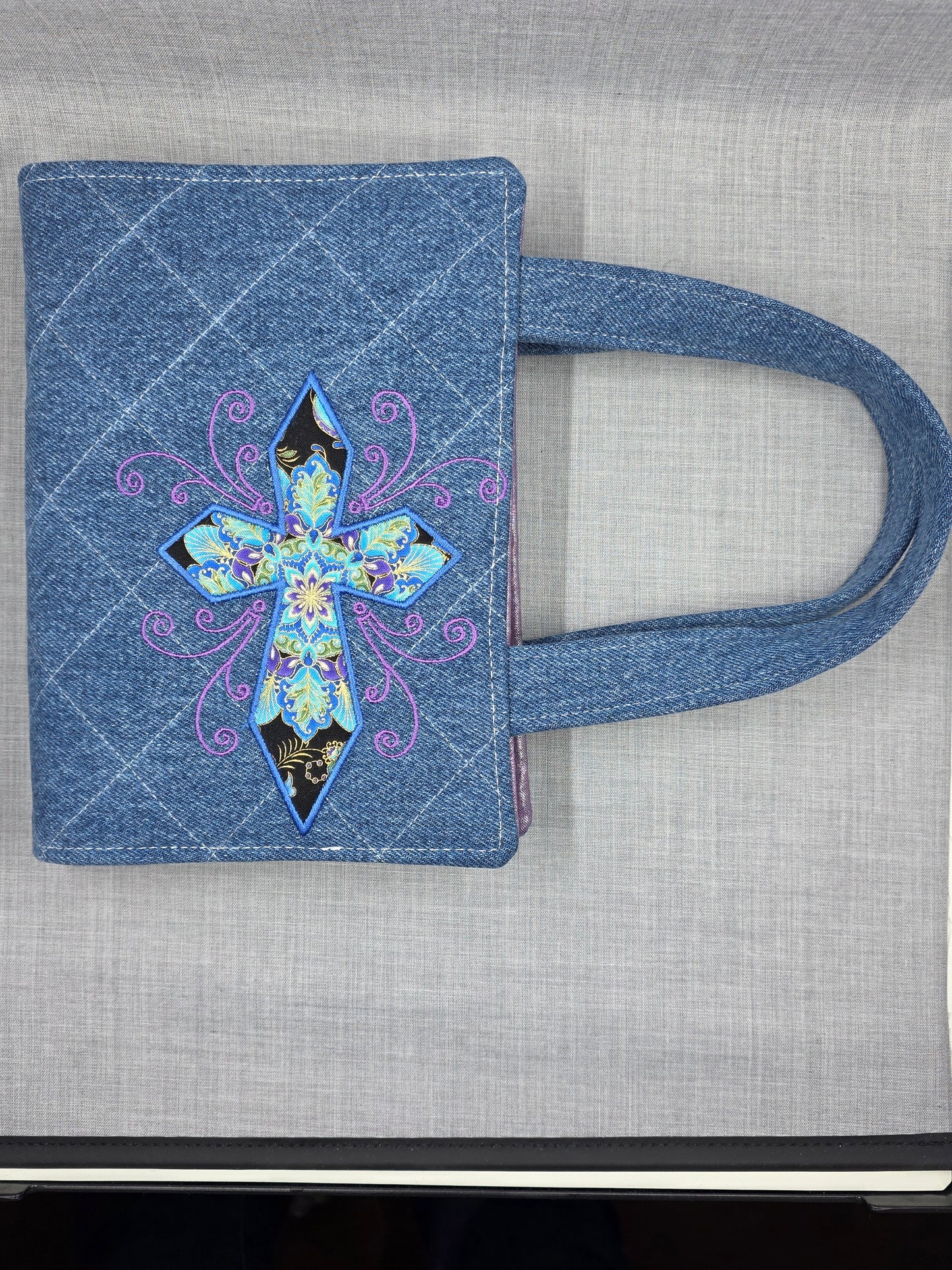 Handcrafted Quilted Denim Bible Cover with Embroidery & Carrying Handles - The Geometric Strength (Medium Wash