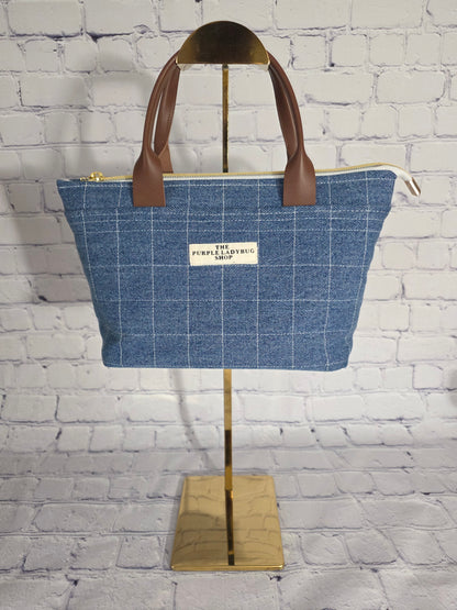 Classic Denim Grid Zip-Top Tote Bag