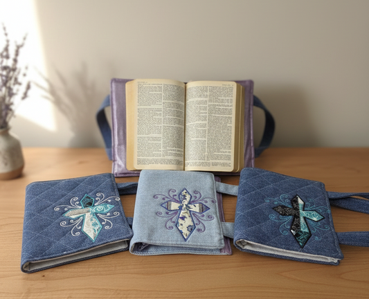 Handcrafted Quilted Denim Bible Cover with Embroidery & Carrying Handles - The Geometric Strength (Medium Wash