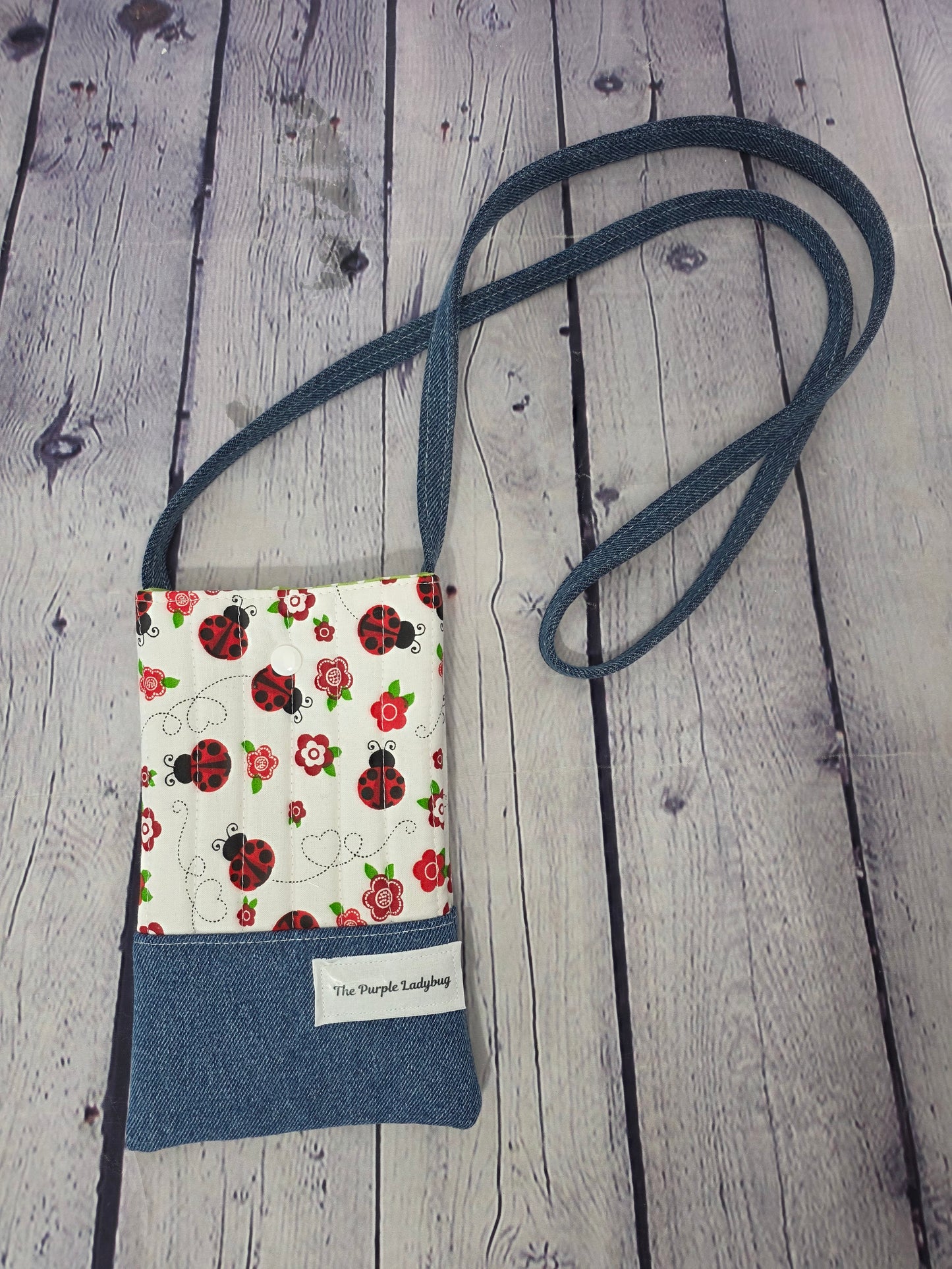 Quilted Ladybug & Denim Crossbody Phone Bag