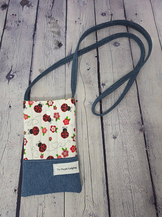 Quilted Ladybug & Denim Crossbody Phone Bag
