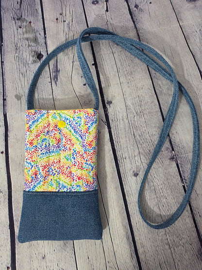 Rainbow Pointillist handmade crossbody phone bag