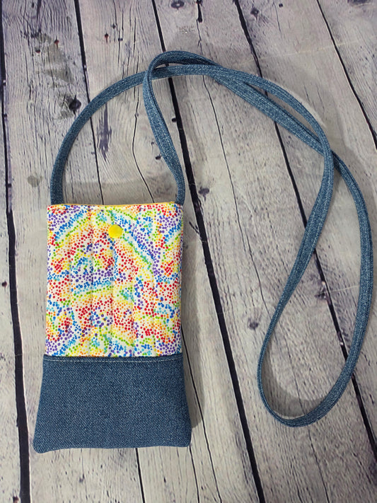Rainbow Pointillist & Denim Crossbody Phone Bag