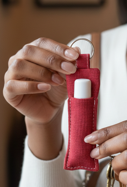 Handmade Fabric Lip Balm Keychain Holder- Red