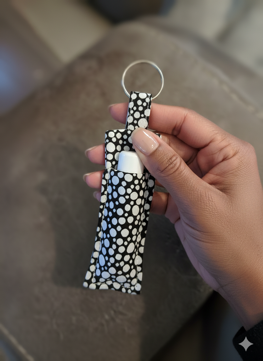 Black & White Polka Dot Lip Balm Holder Keychain